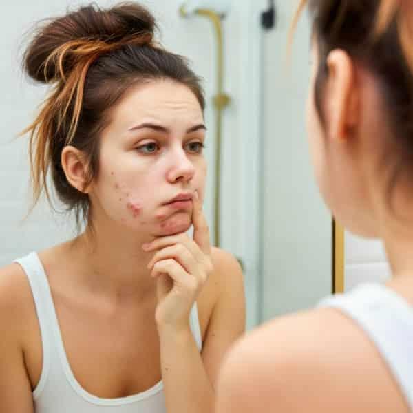 Young woman with chin acne looking in a mirror.