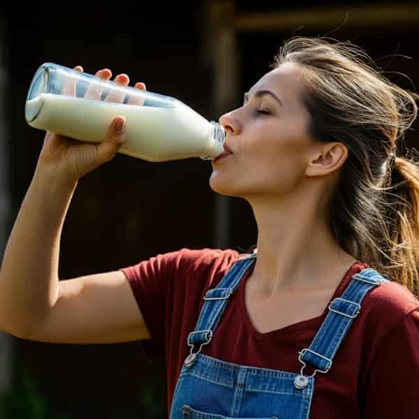 Young woman farmer drinking milk from a bottle.